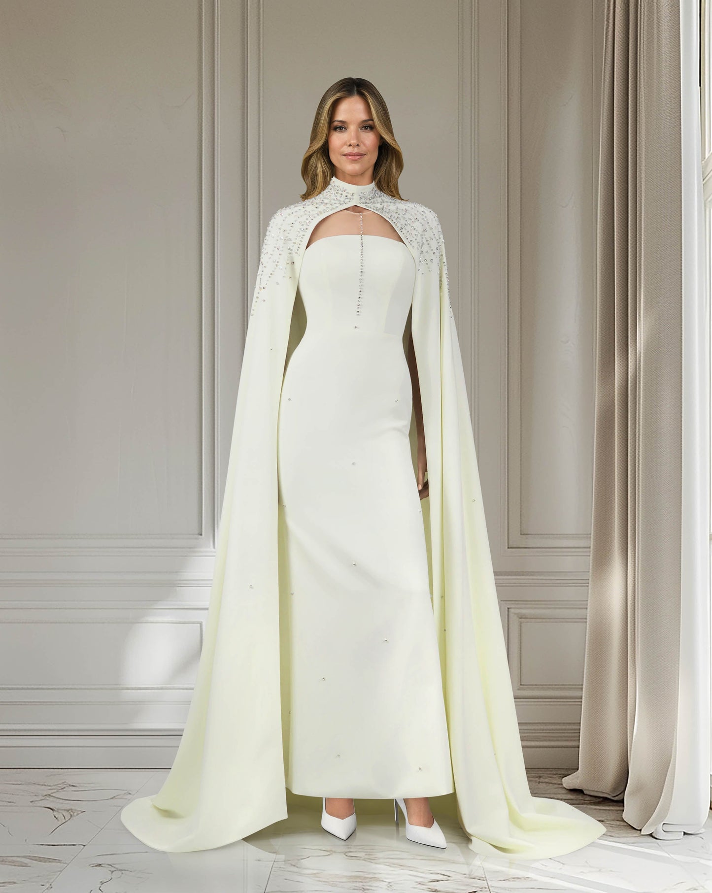 Beaded ivory column dress with high neck cape-ODD-Queenie