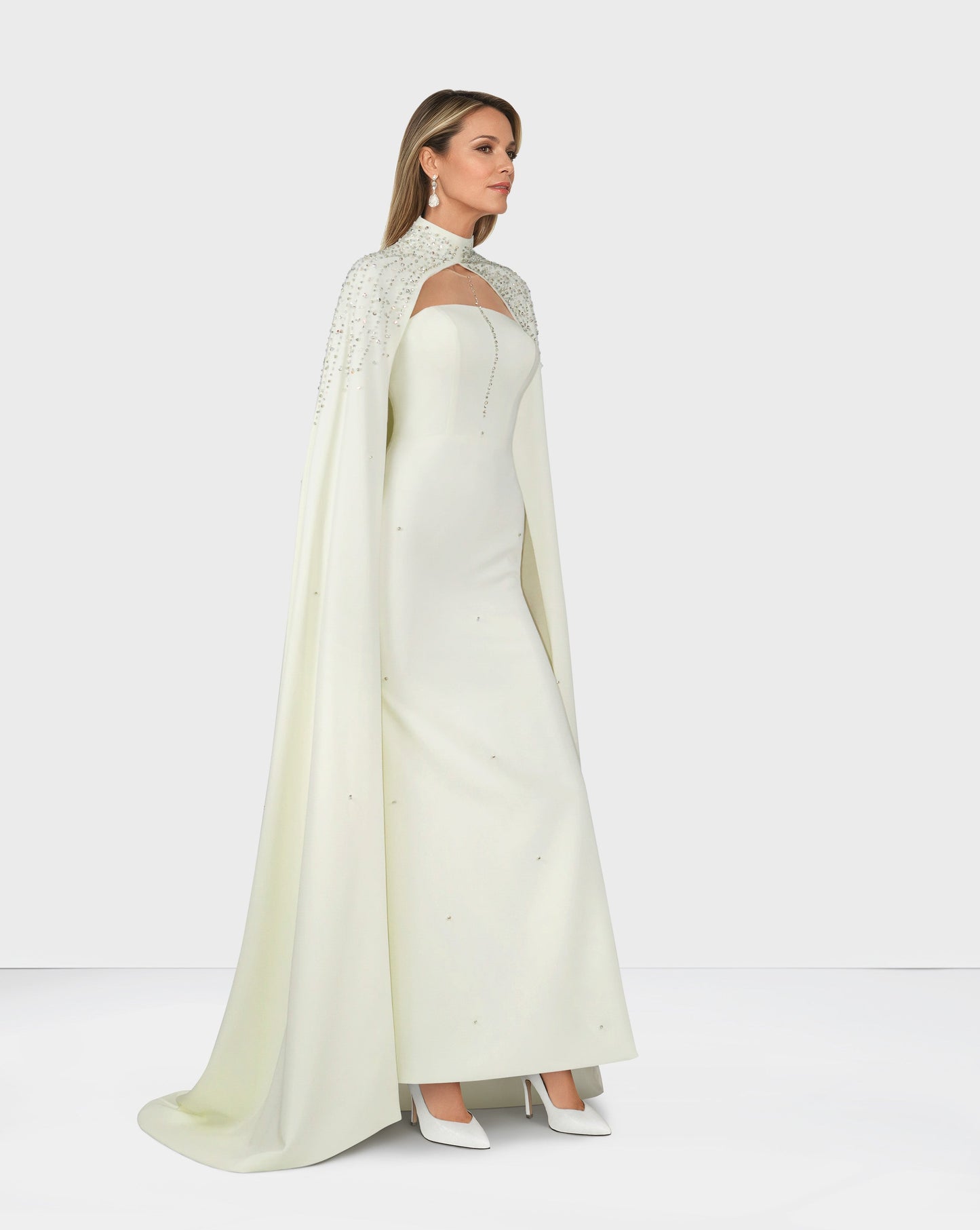 Beaded ivory column dress with high neck cape-ODD-Queenie