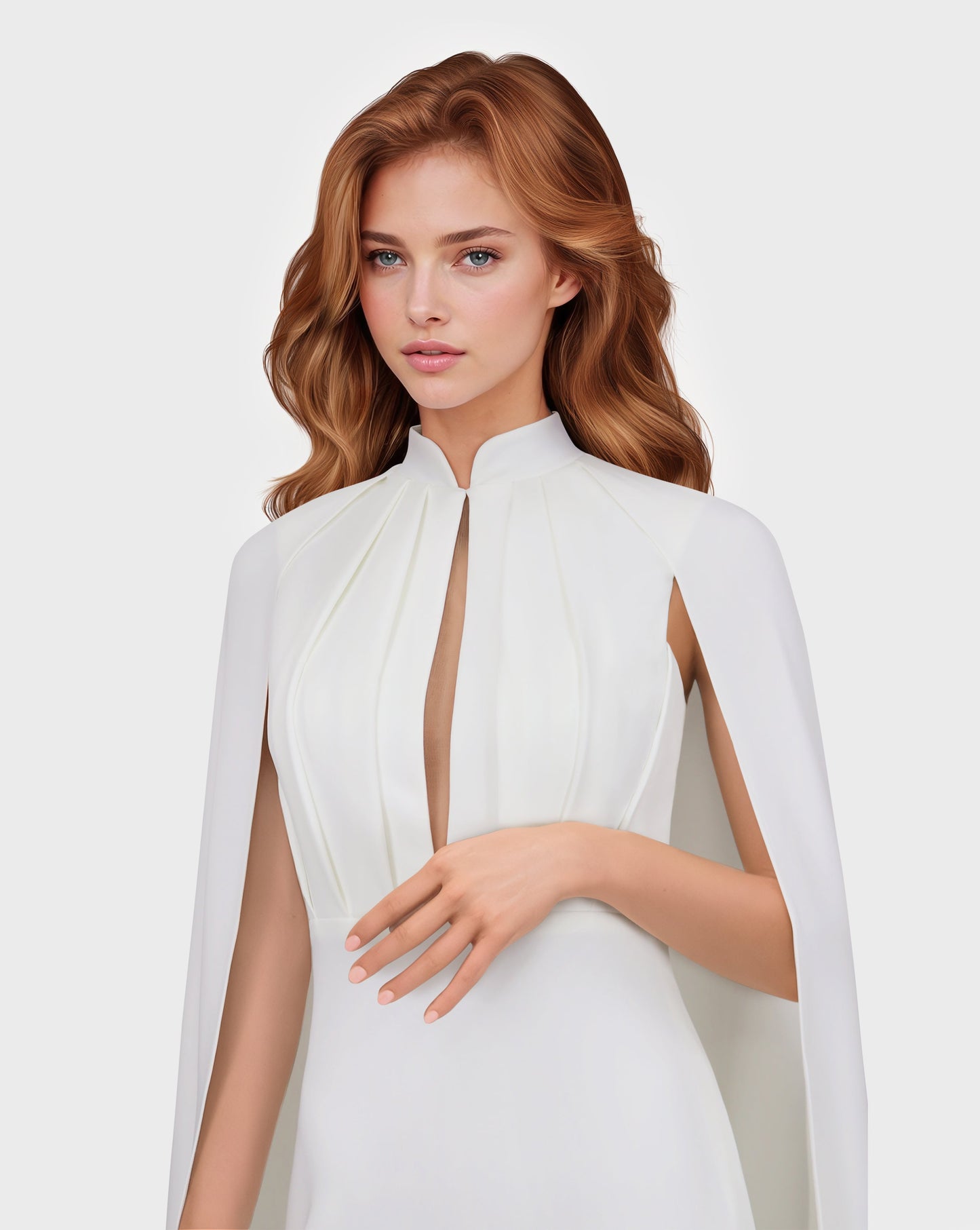 ODD-White pleated dress with neckline and cape