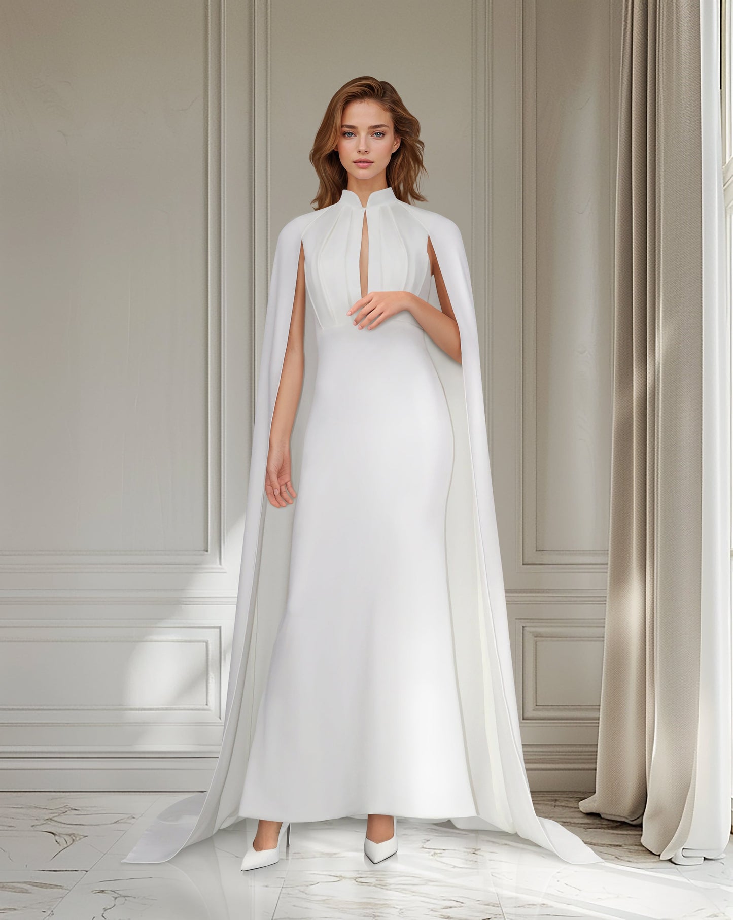 ODD-White pleated dress with neckline and cape