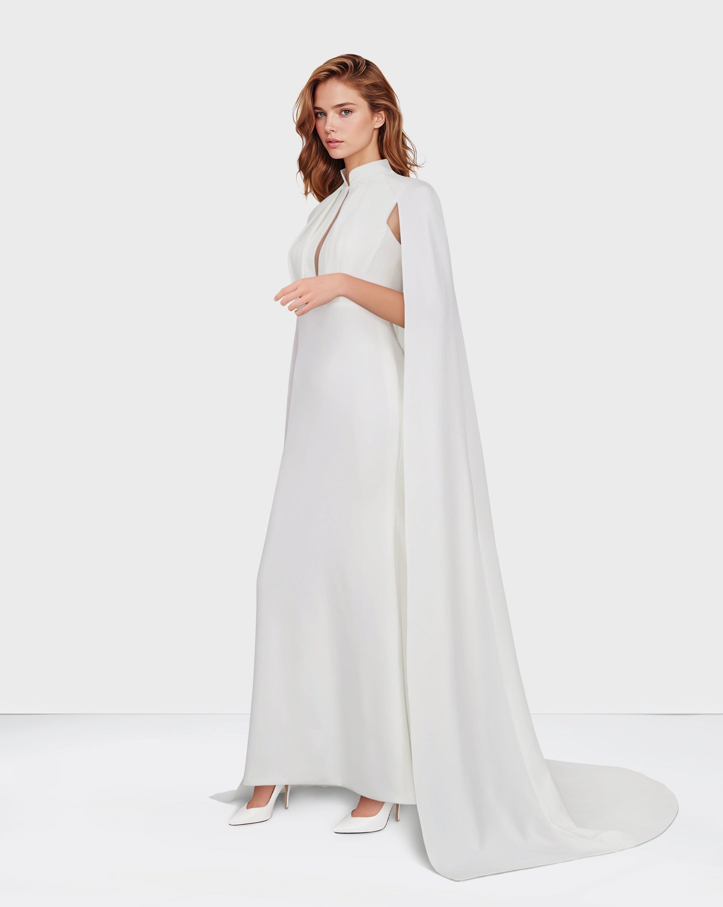 ODD-White pleated dress with neckline and cape