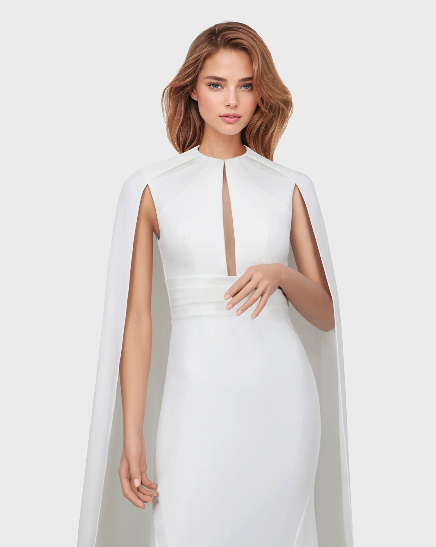 ODD-White belted dress with neckline and cape