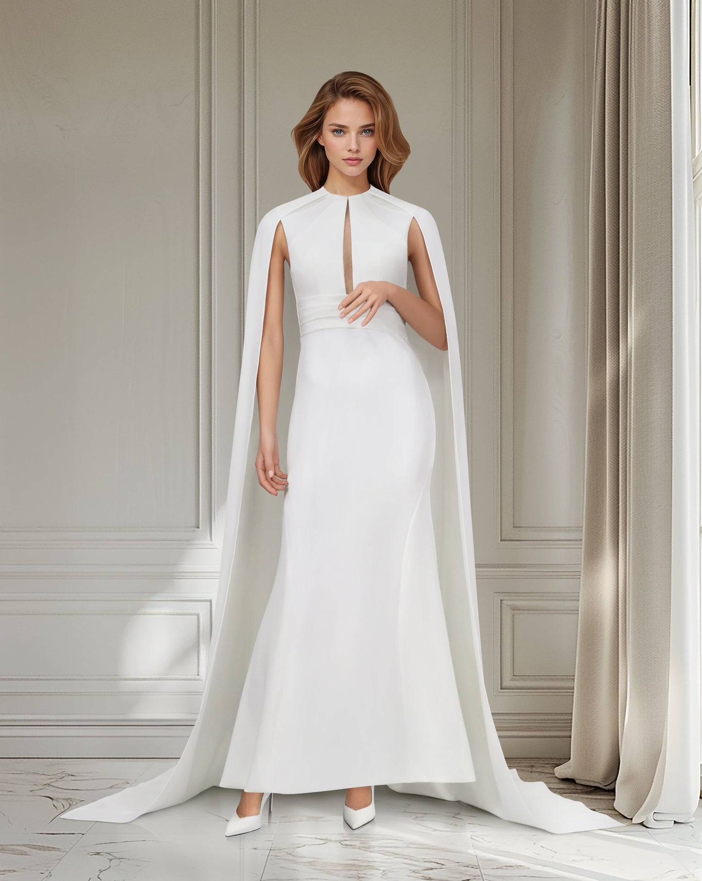 ODD-White belted dress with neckline and cape