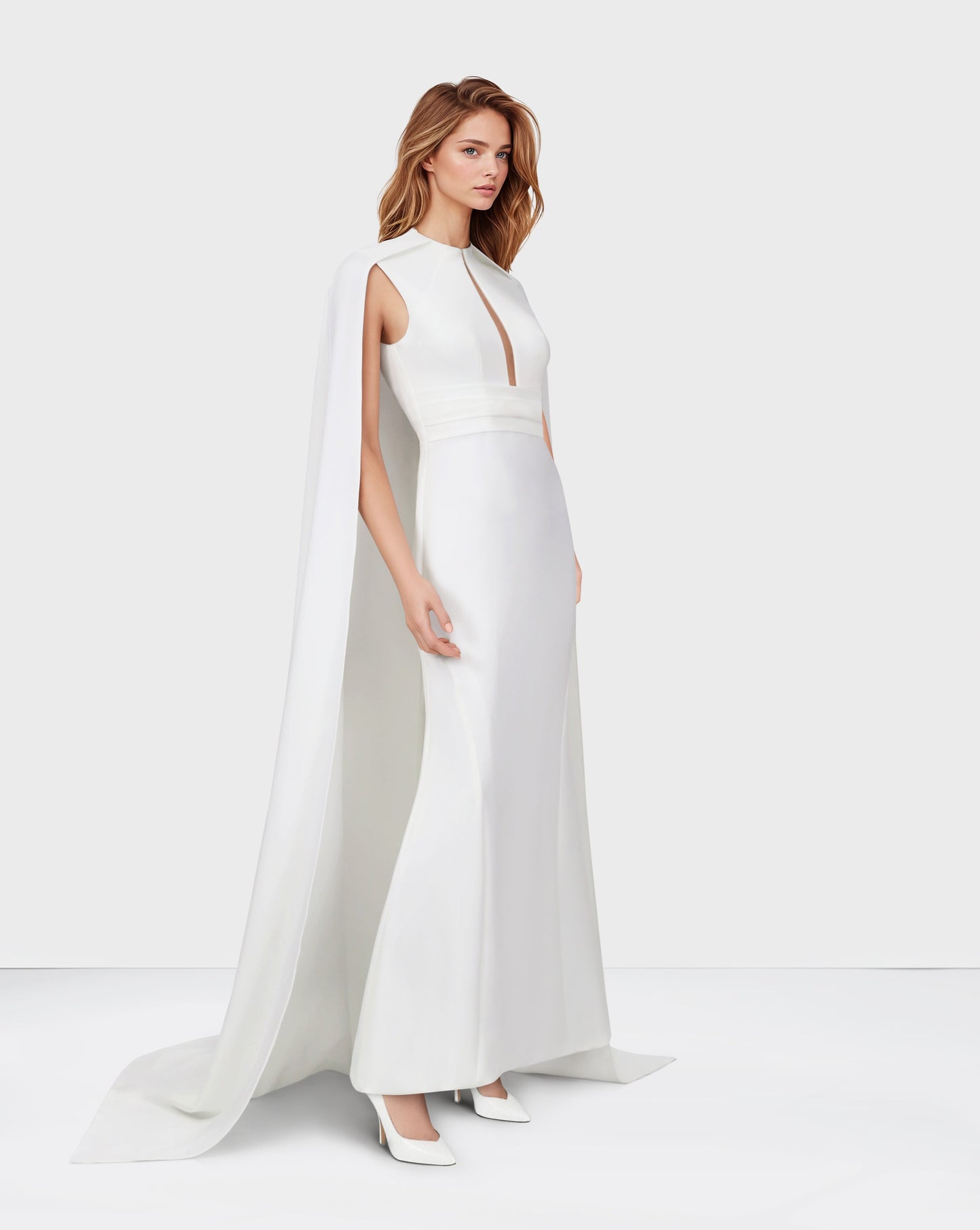 ODD-White belted dress with neckline and cape