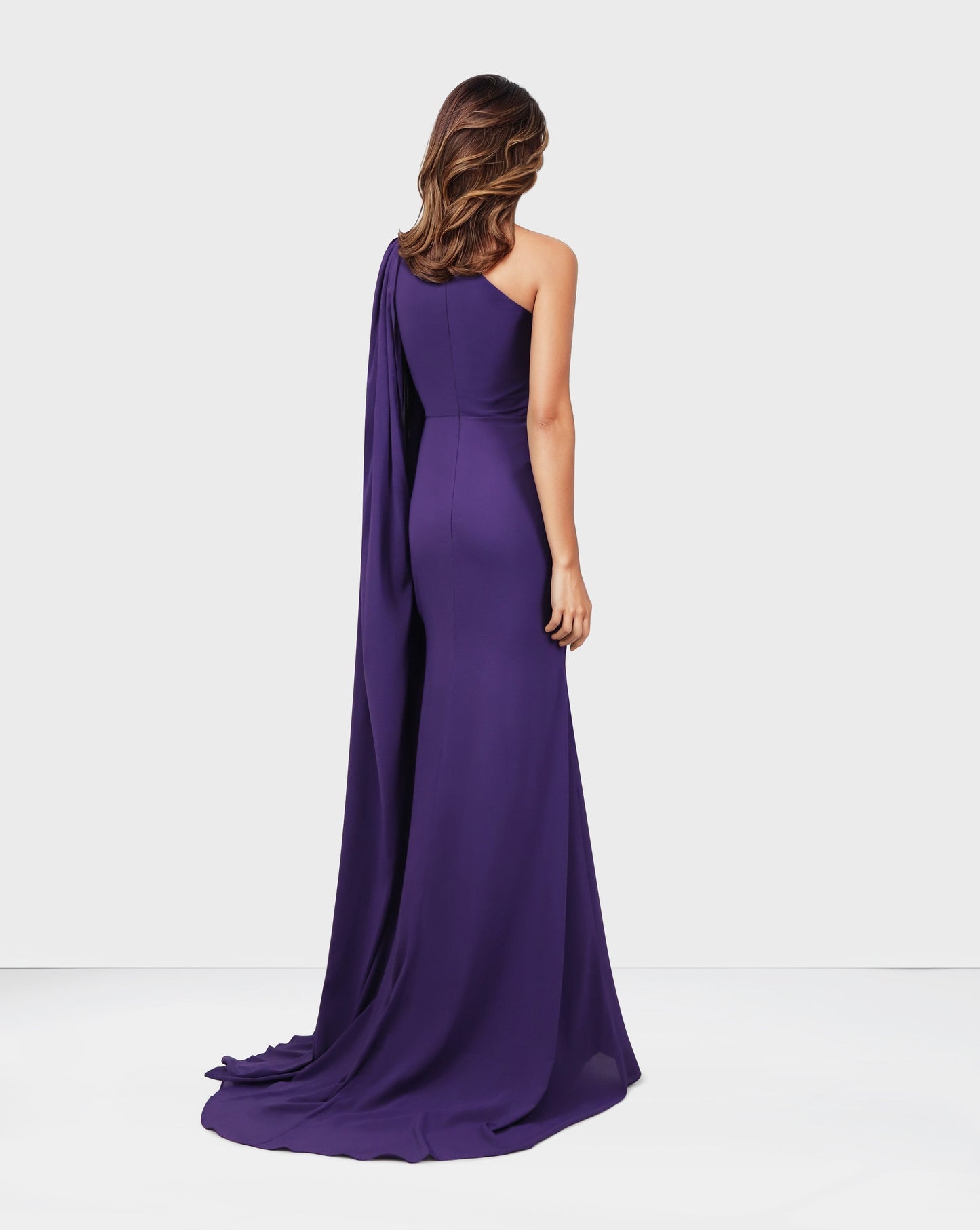 ODD-Shoulder off draped dress with long floor sleeve