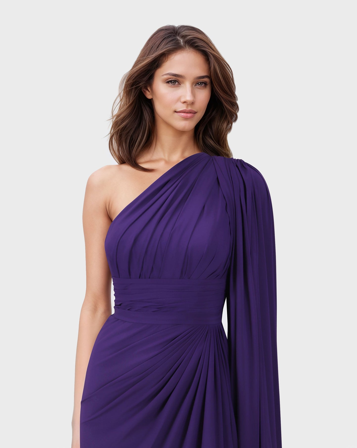 ODD-Shoulder off draped dress with long floor sleeve