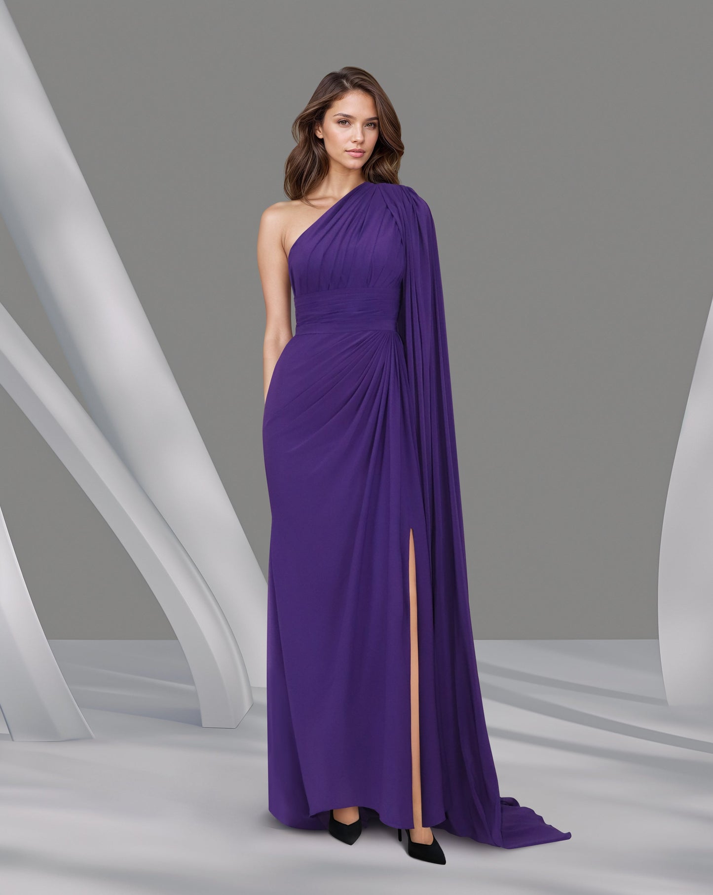 ODD-Shoulder off draped dress with long floor sleeve