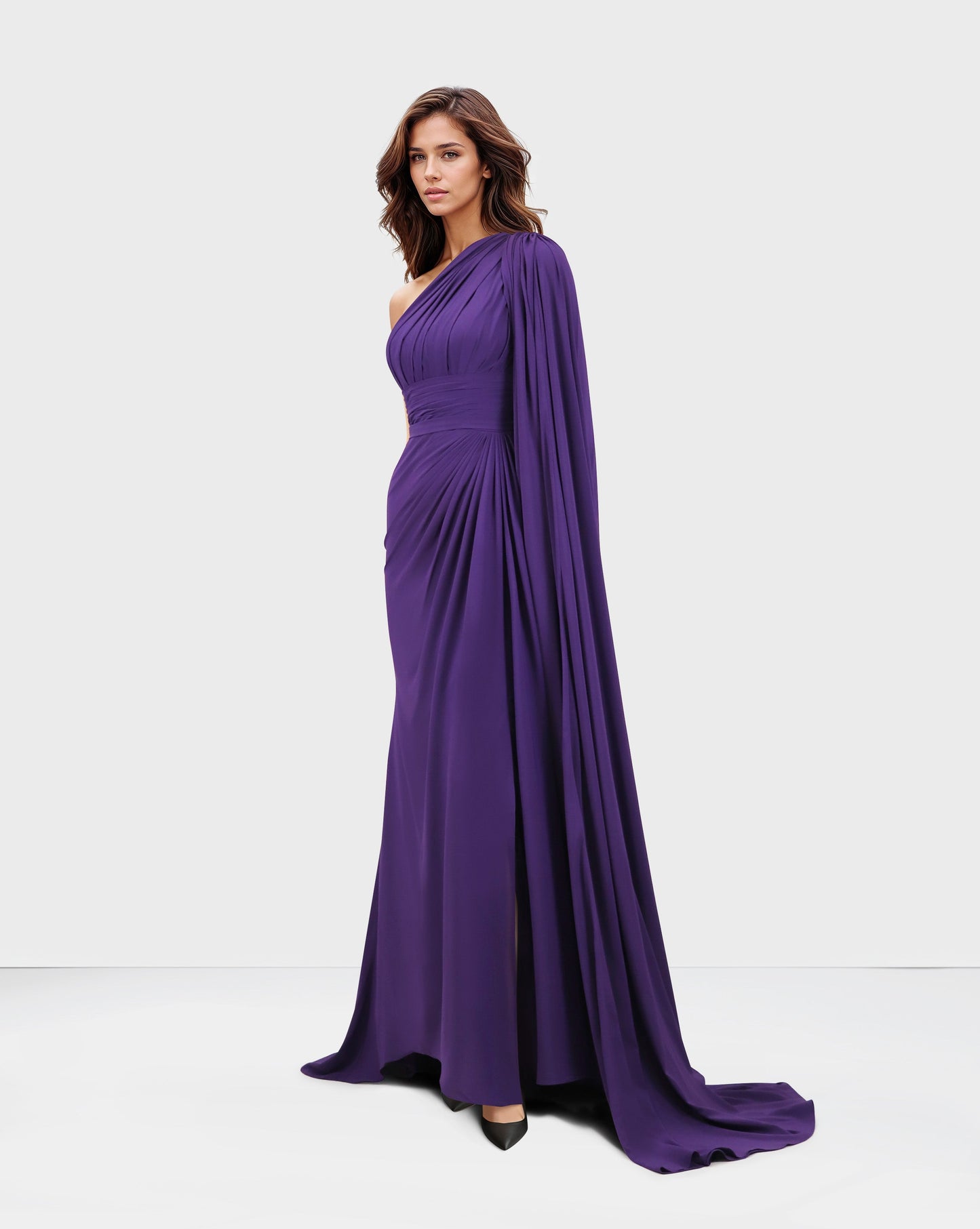 ODD-Shoulder off draped dress with long floor sleeve