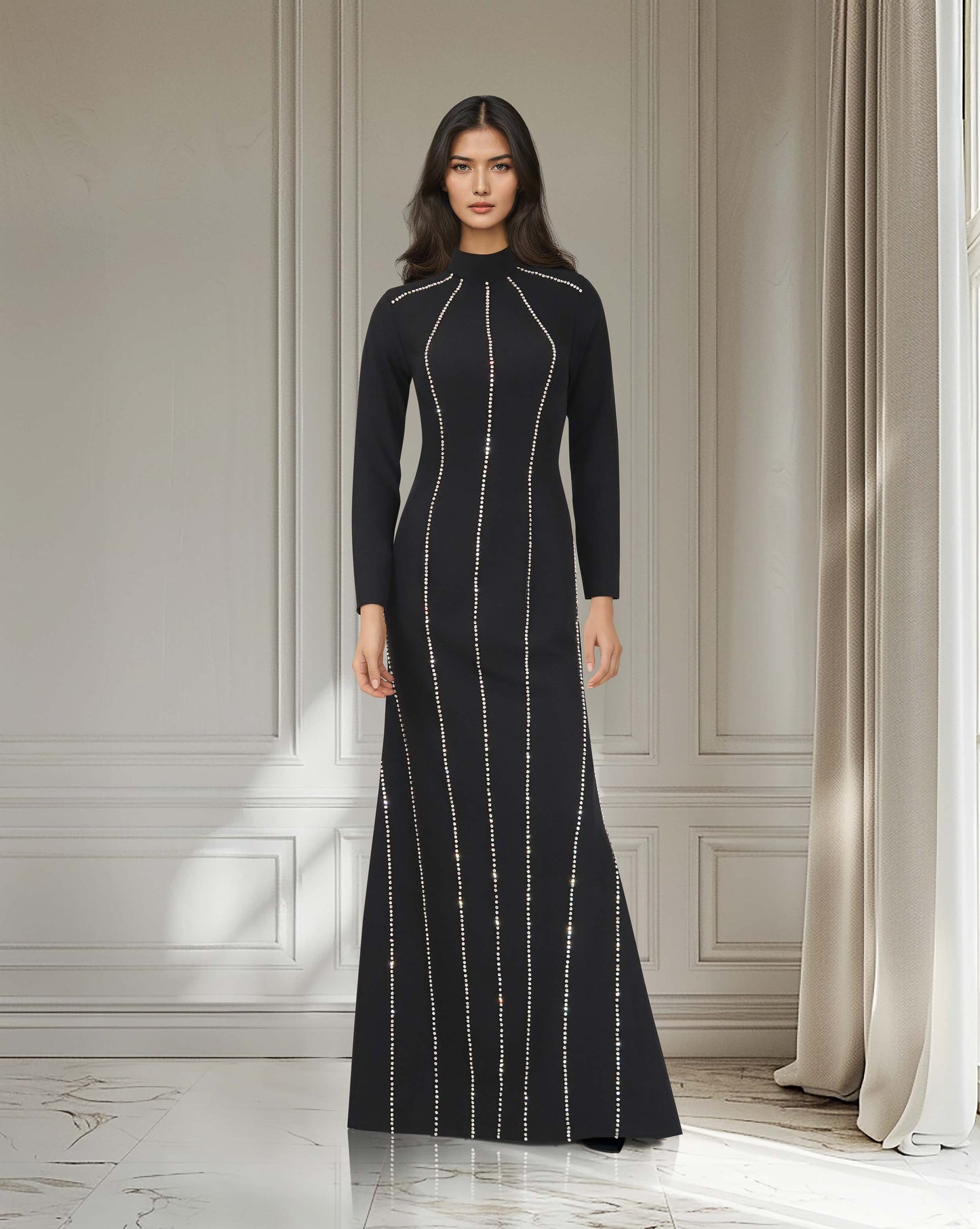 ODD-Long sleeve column dress with vertical beading