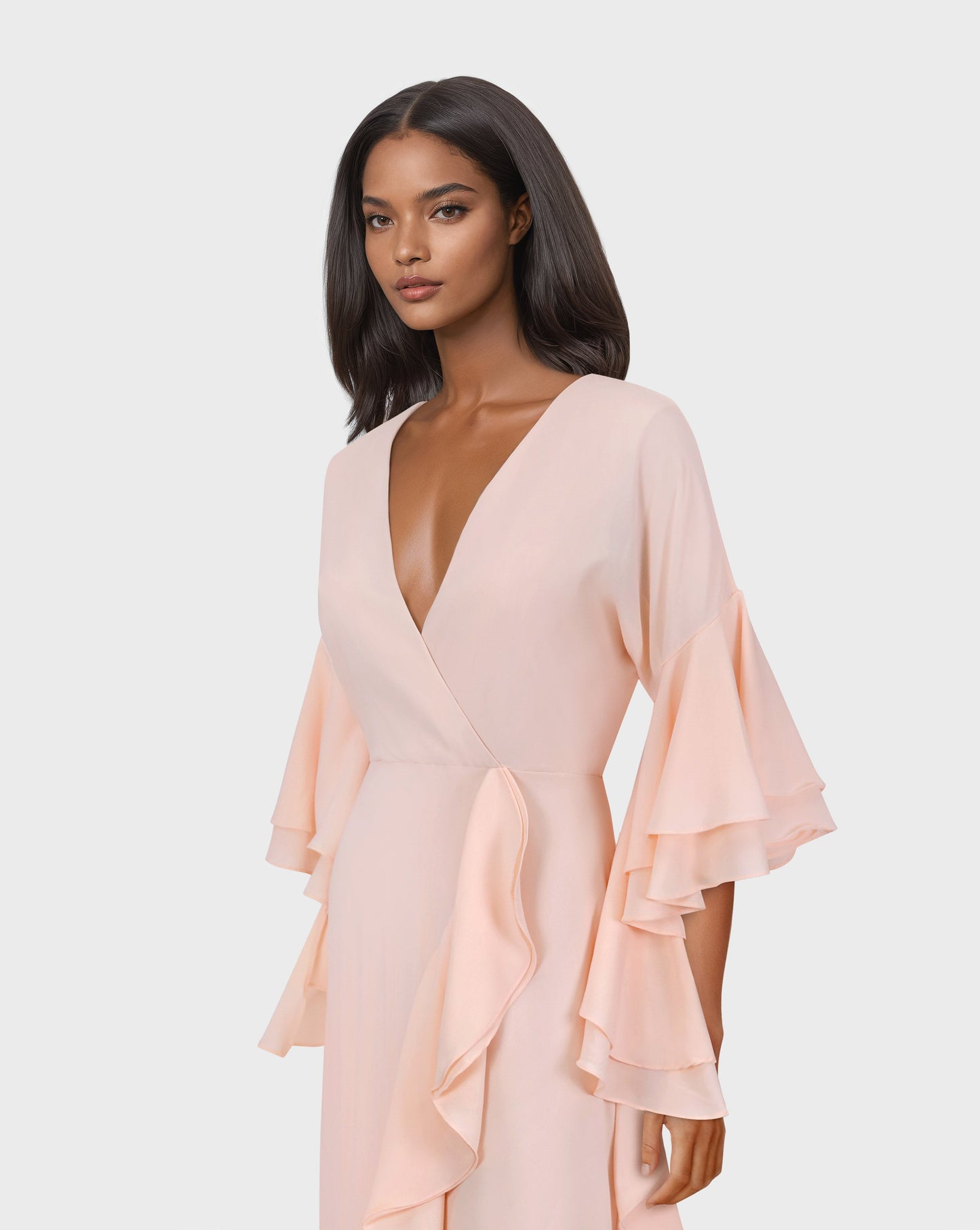 ODD-Ruffle column dress with V neckline