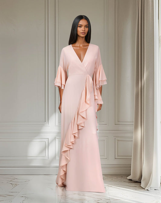 ODD-Ruffle column dress with V neckline