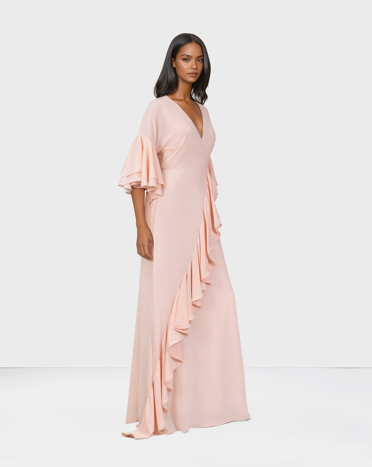 ODD-Ruffle column dress with V neckline