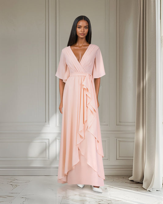 ODD-Ruffle column dress with pleated front