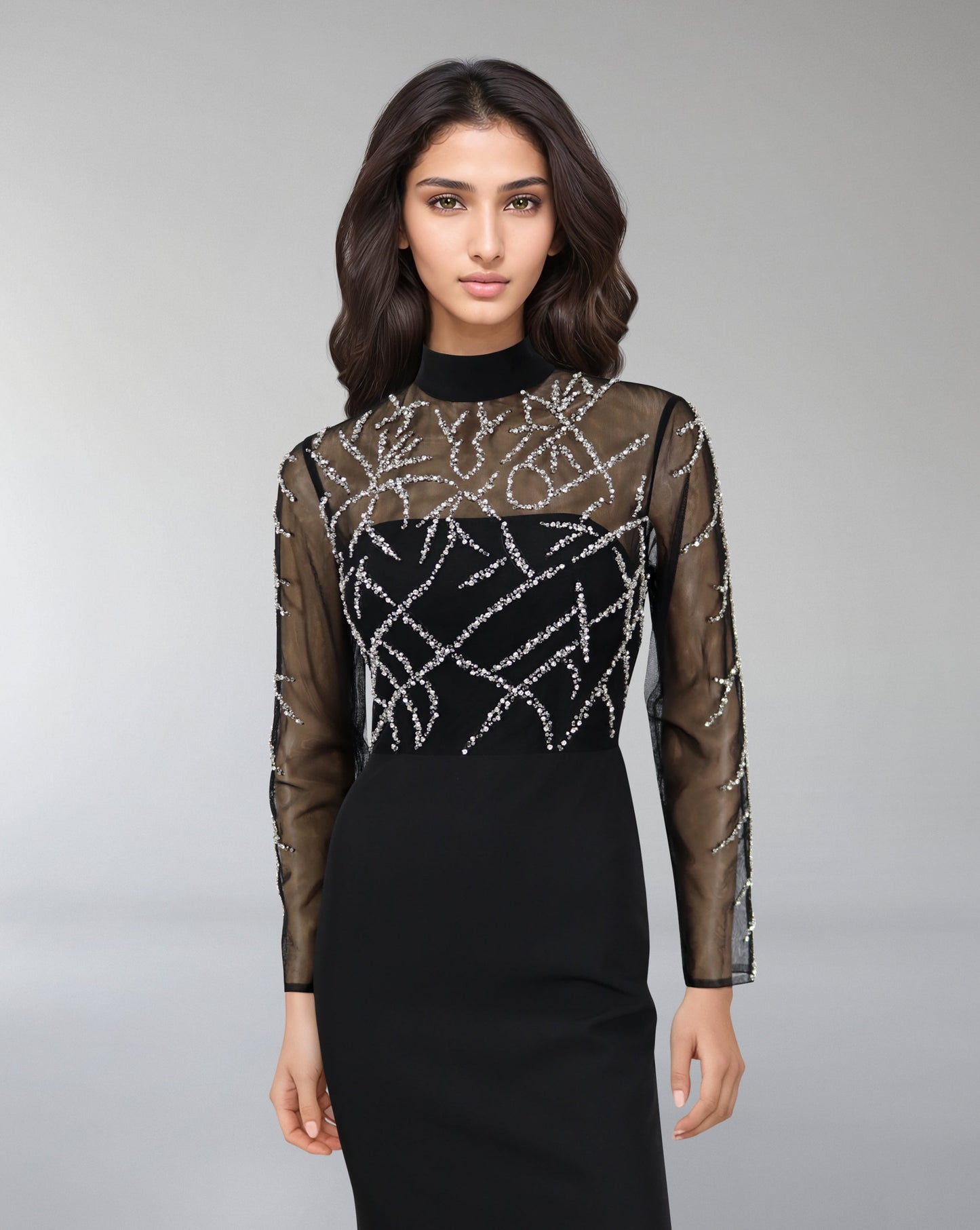 ODD-Beaded column dress with see-through top