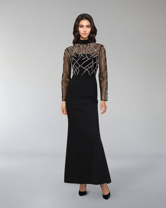 ODD-Beaded column dress with see-through top