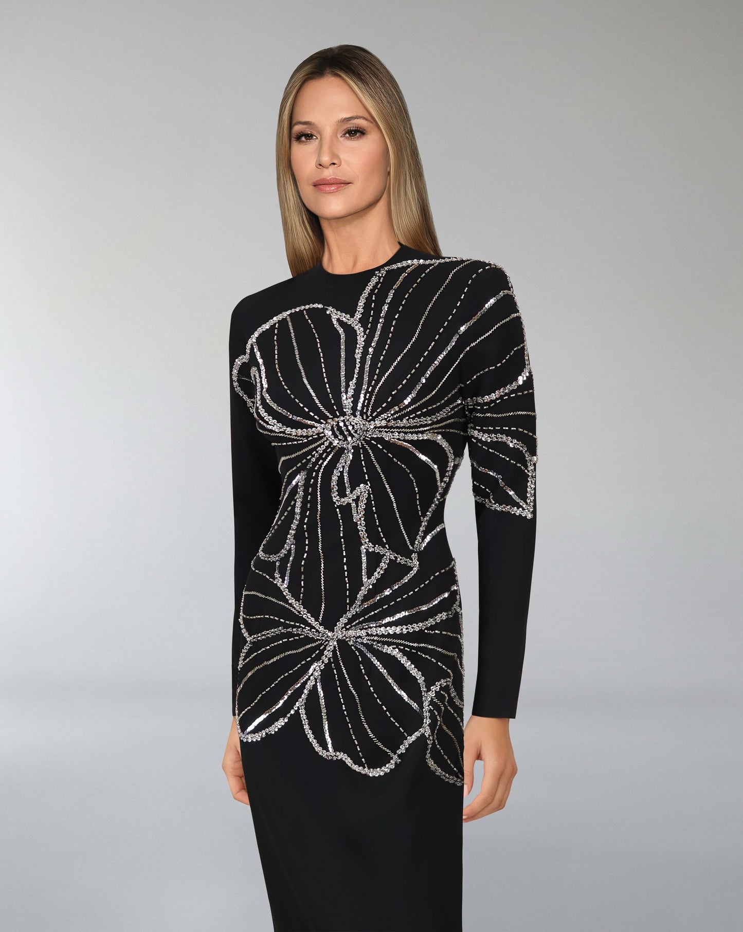 long - sleeves column dress with sequined flowers ODD-Qailen