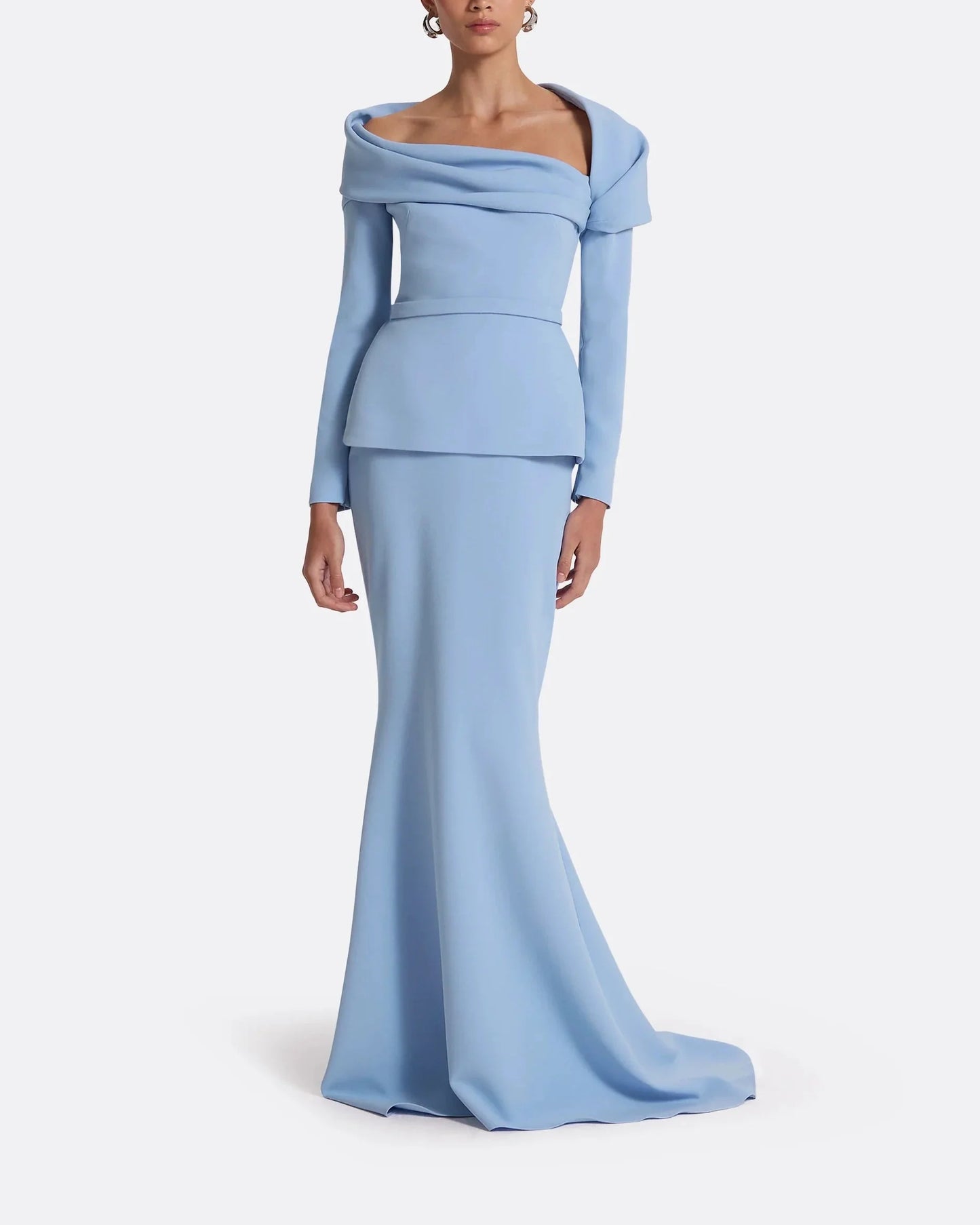 off-shoulder draped gown with peplum waist – ODD- SERENL