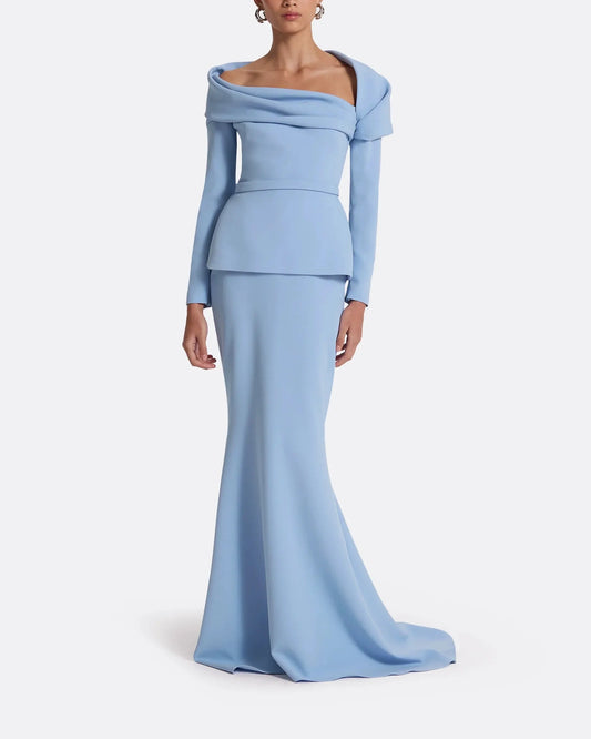 off-shoulder draped gown with peplum waist – ODD- SERENL
