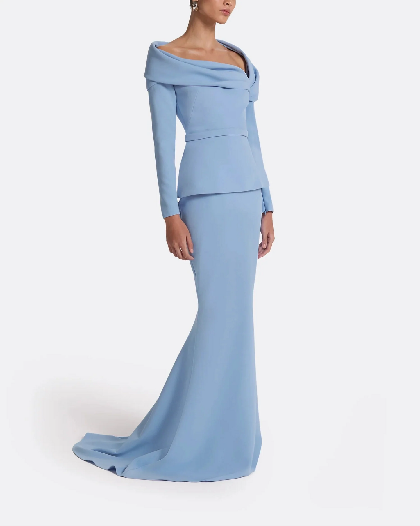 off-shoulder draped gown with peplum waist – ODD- SERENL
