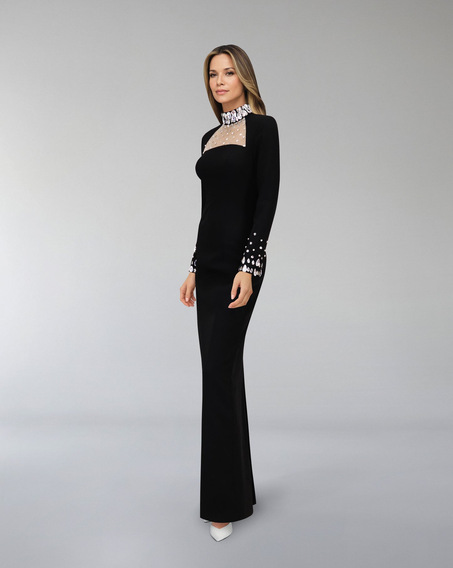 Long sleeves column dress with beaded neckline ODD-Zorina