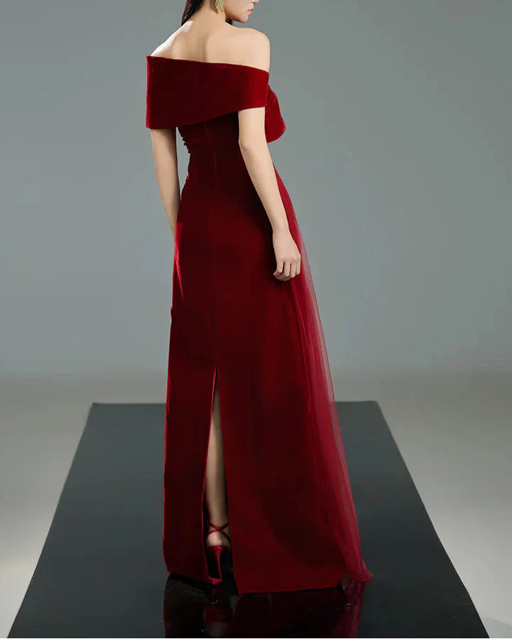 Off-shoulder pleated gown with oversized floral detail –  ODD- SCARFAH