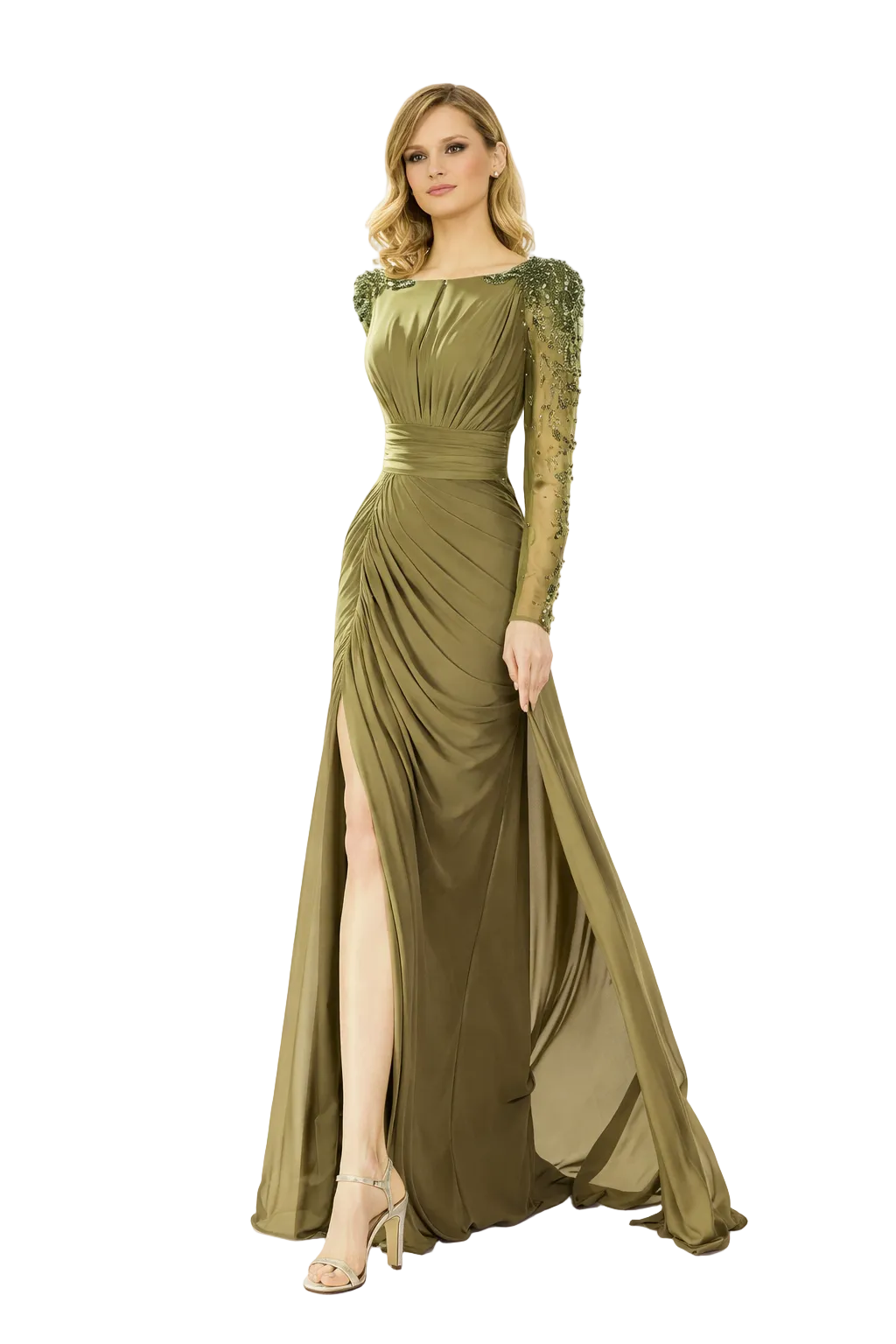 draped satin maxi dress with embellished sheer sleeves – ODD- OLIVIA