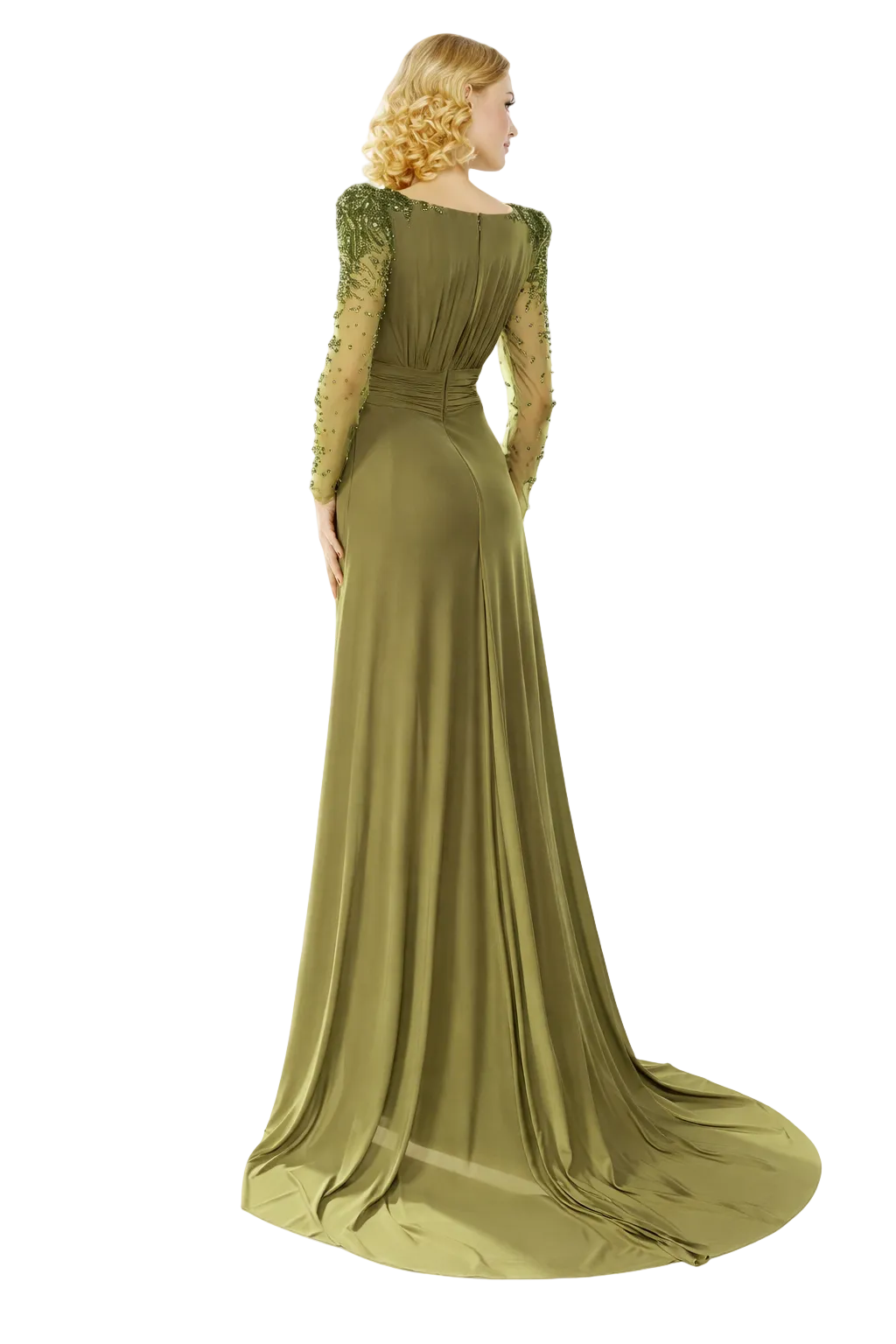 draped satin maxi dress with embellished sheer sleeves – ODD- OLIVIA