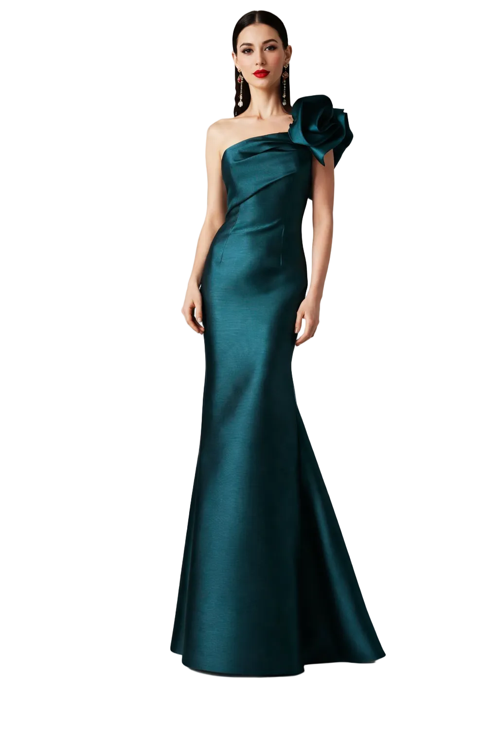 one-shoulder satin mermaid dress with sculpted floral detail – ODD- EMEOM