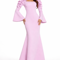 off-shoulder mermaid dress with bell sleeves and floral appliqué – ODD- BLOSSOM