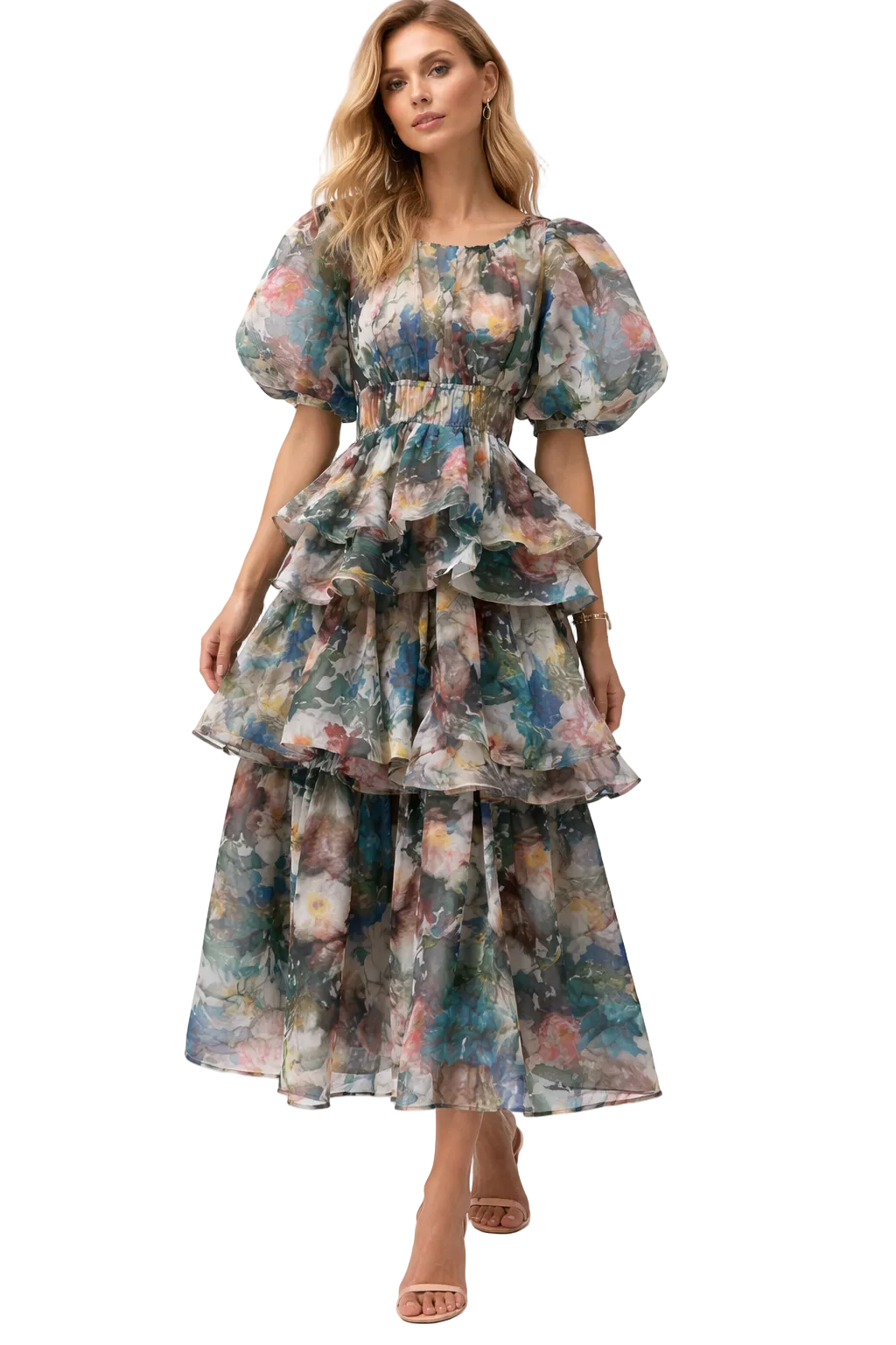 ruffled tiered midi dress with puff sleeves – ODD- MOHAMED