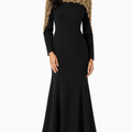 long sleeve flared gown with gold embellished cape detail – ODD- ORABEL