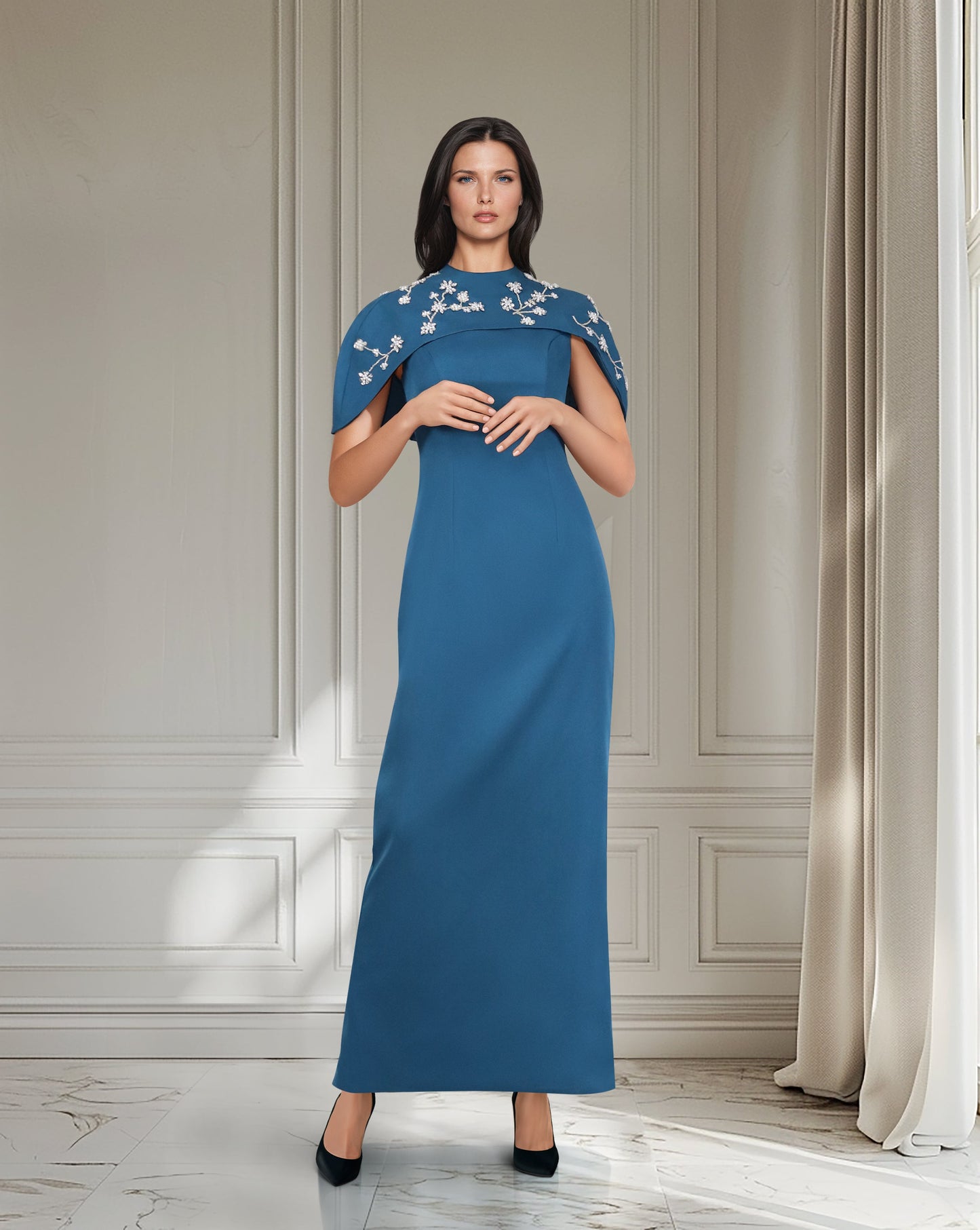 Blue column dress with beaded Capelet  - ODD-SURIYA