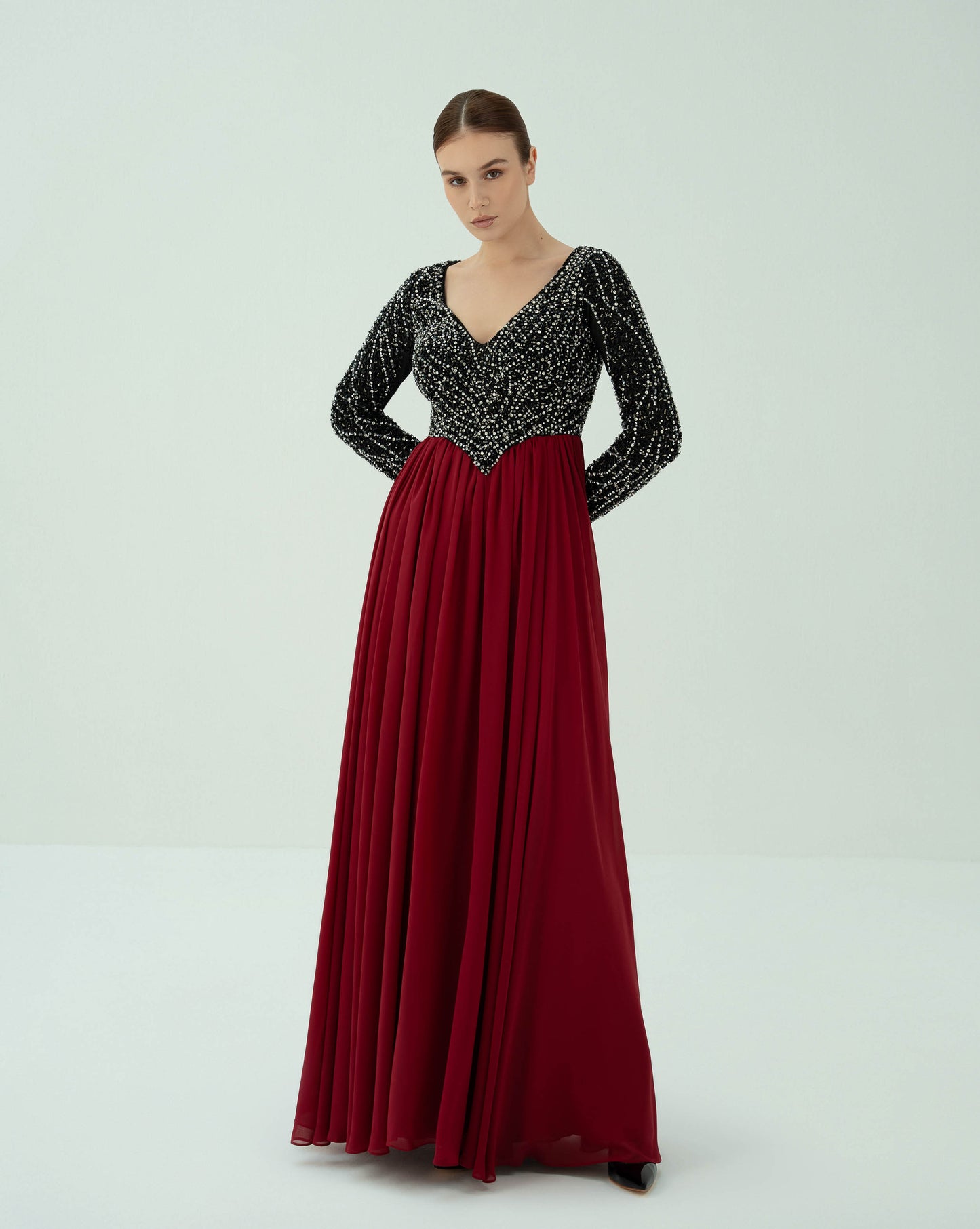 Long sleeve beaded dress with V neckline -ODD-GISELLE