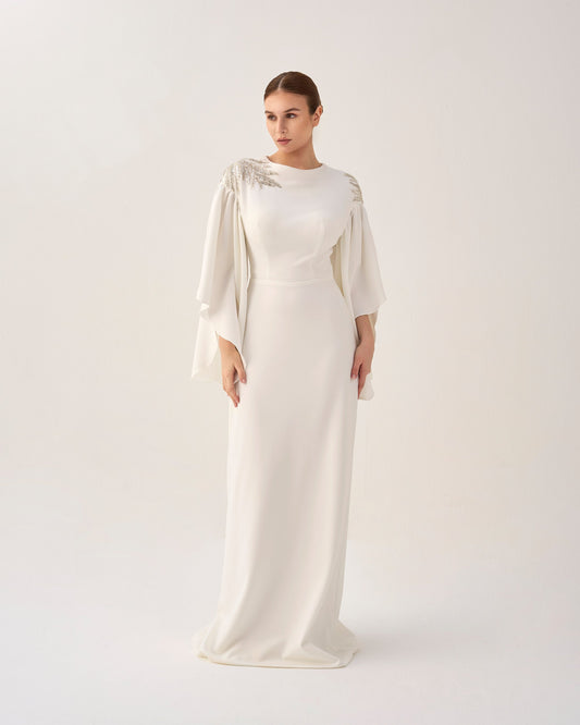 ODD - White column dress with ruffled sleeves and sequined shoulders