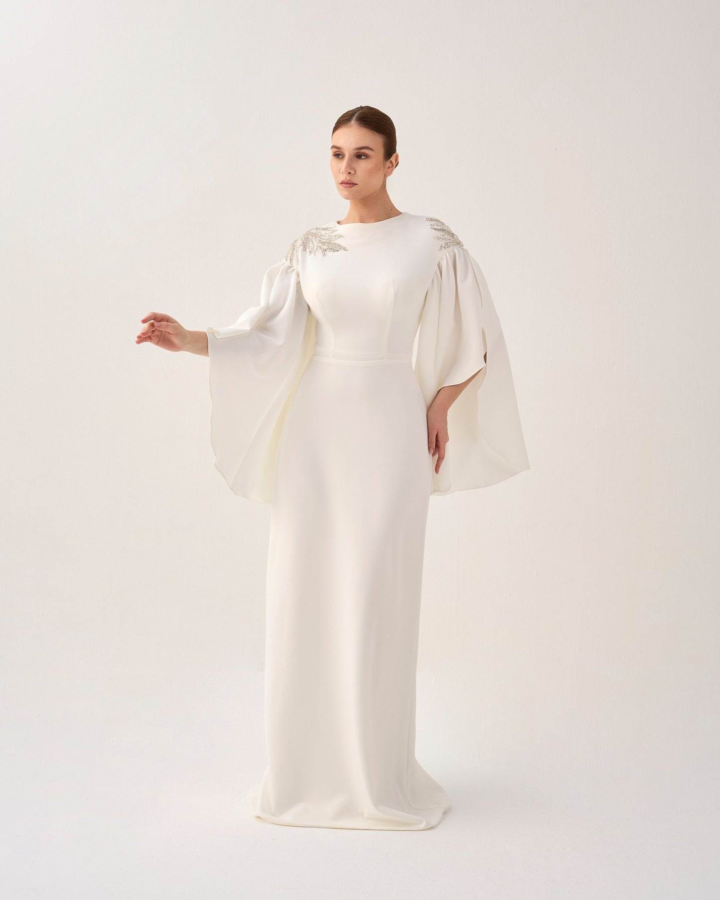 ODD - White column dress with ruffled sleeves and sequined shoulders