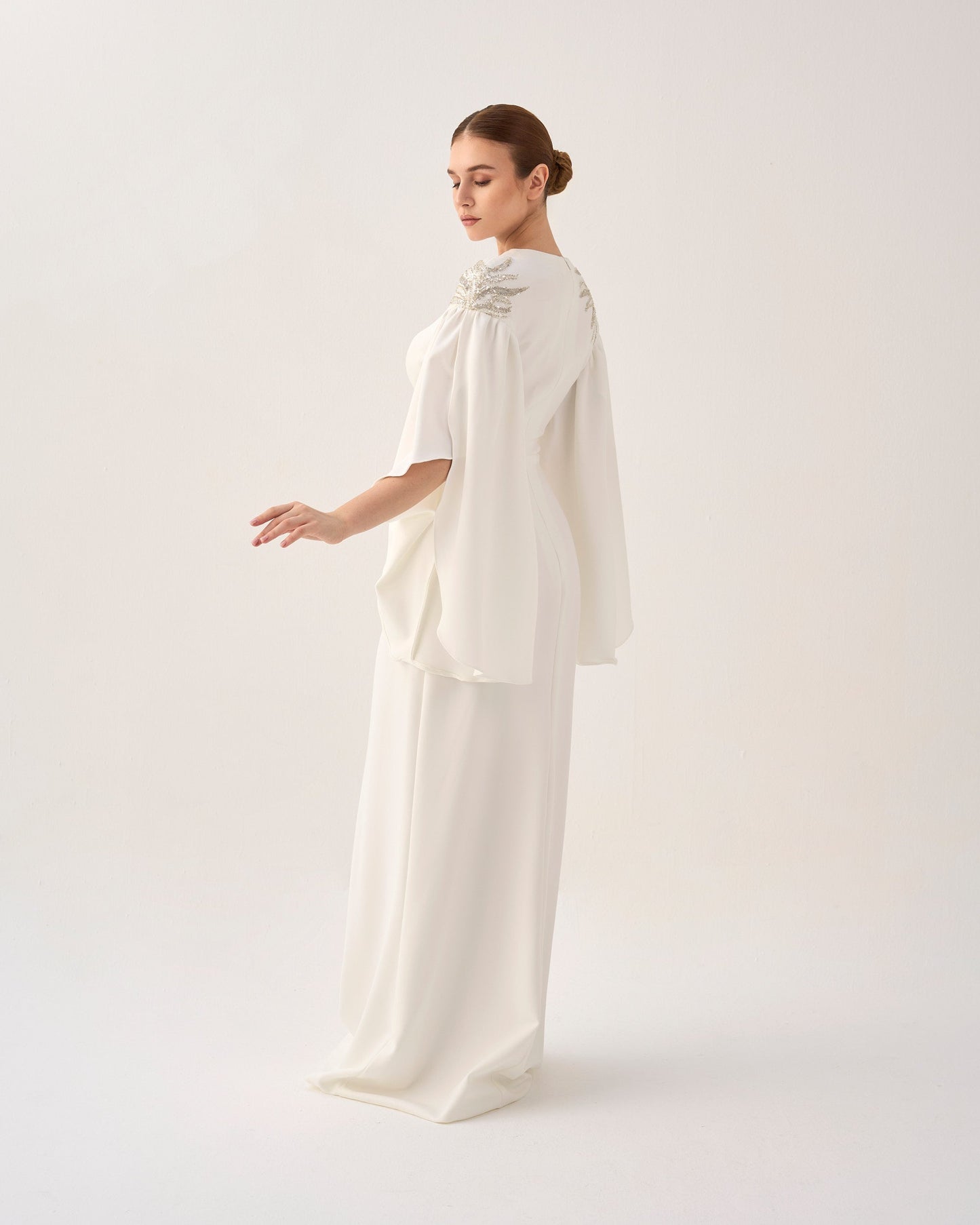 ODD - White column dress with ruffled sleeves and sequined shoulders