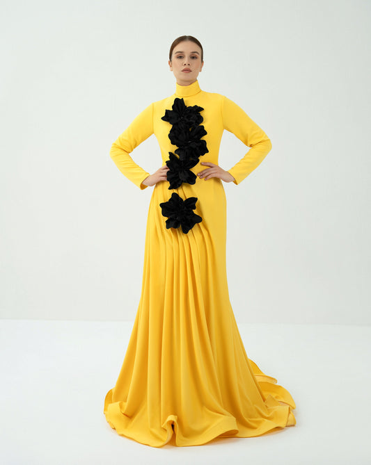 Draped dress with 3D flowers and mazi train - ODD-ASTRID
