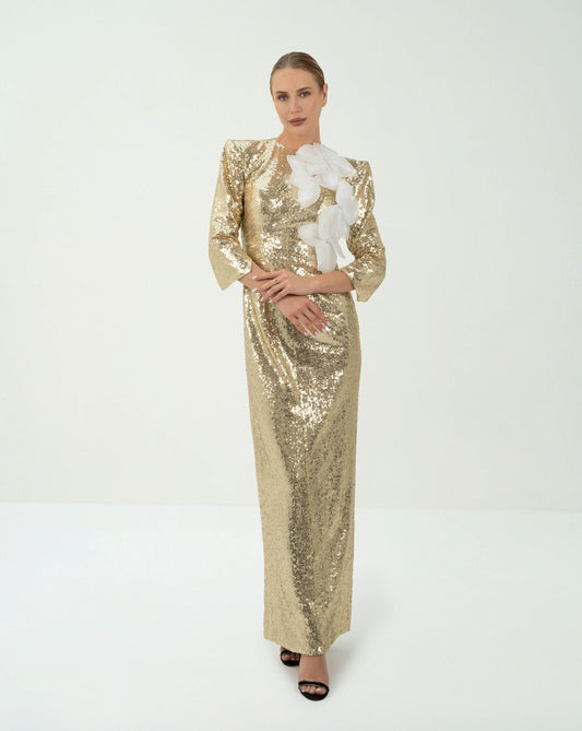 Sequined dress with 3D flowers and shoulder pads - ODD-SERAPHINE