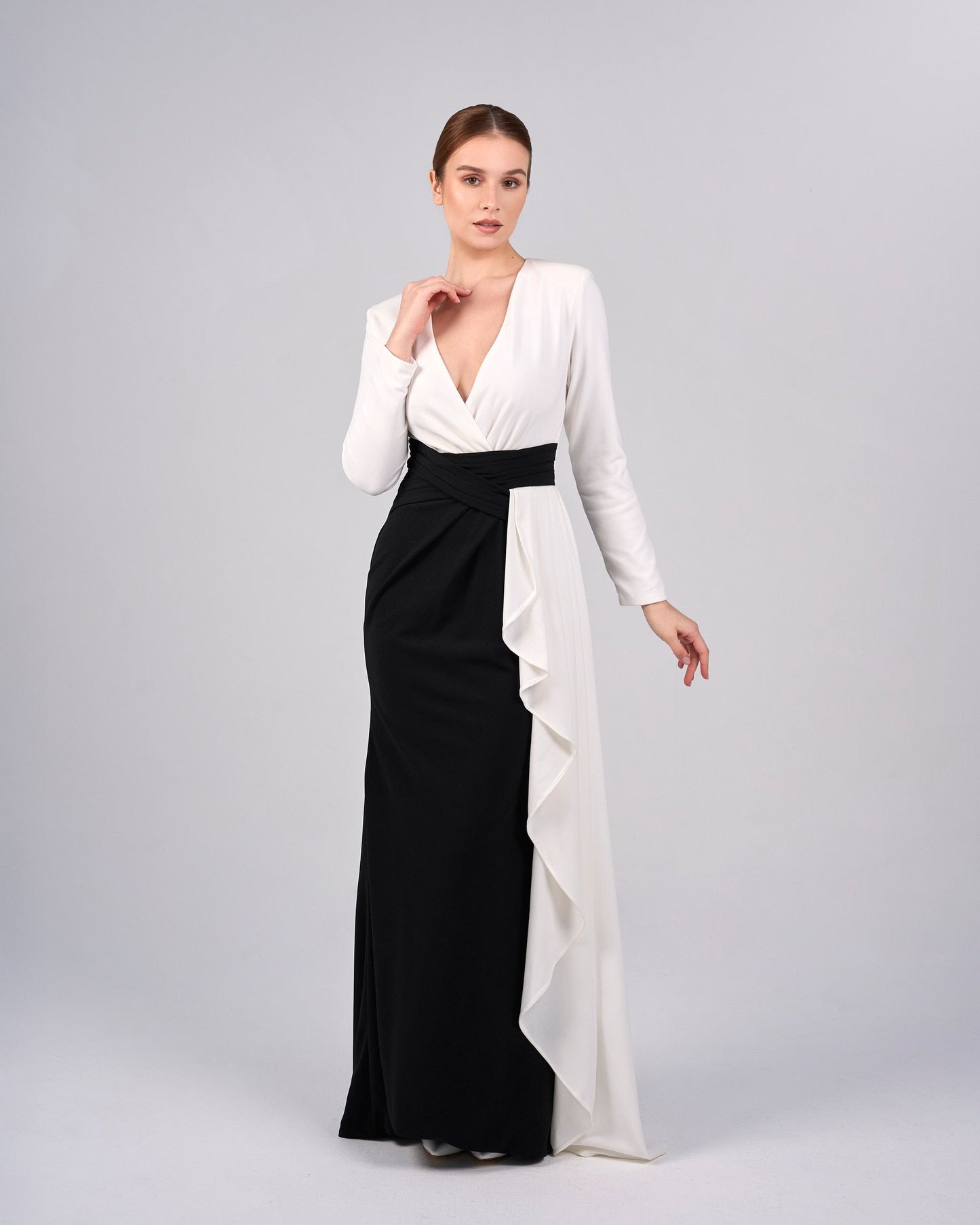 Draped V-neckline dress with ruffle-ODD-Juliah