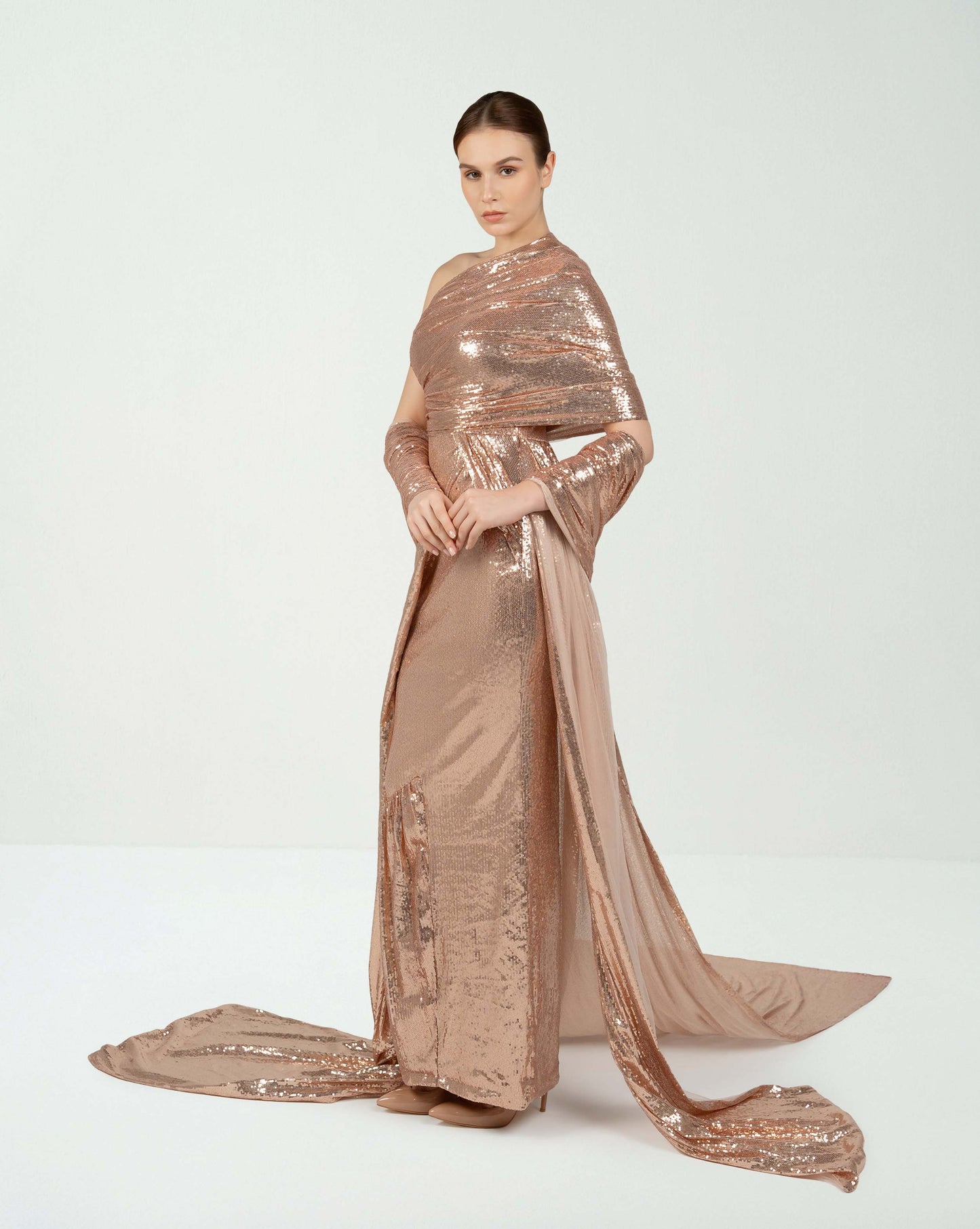 Draped sequined dress with train and shawl  - ODD - CELINE