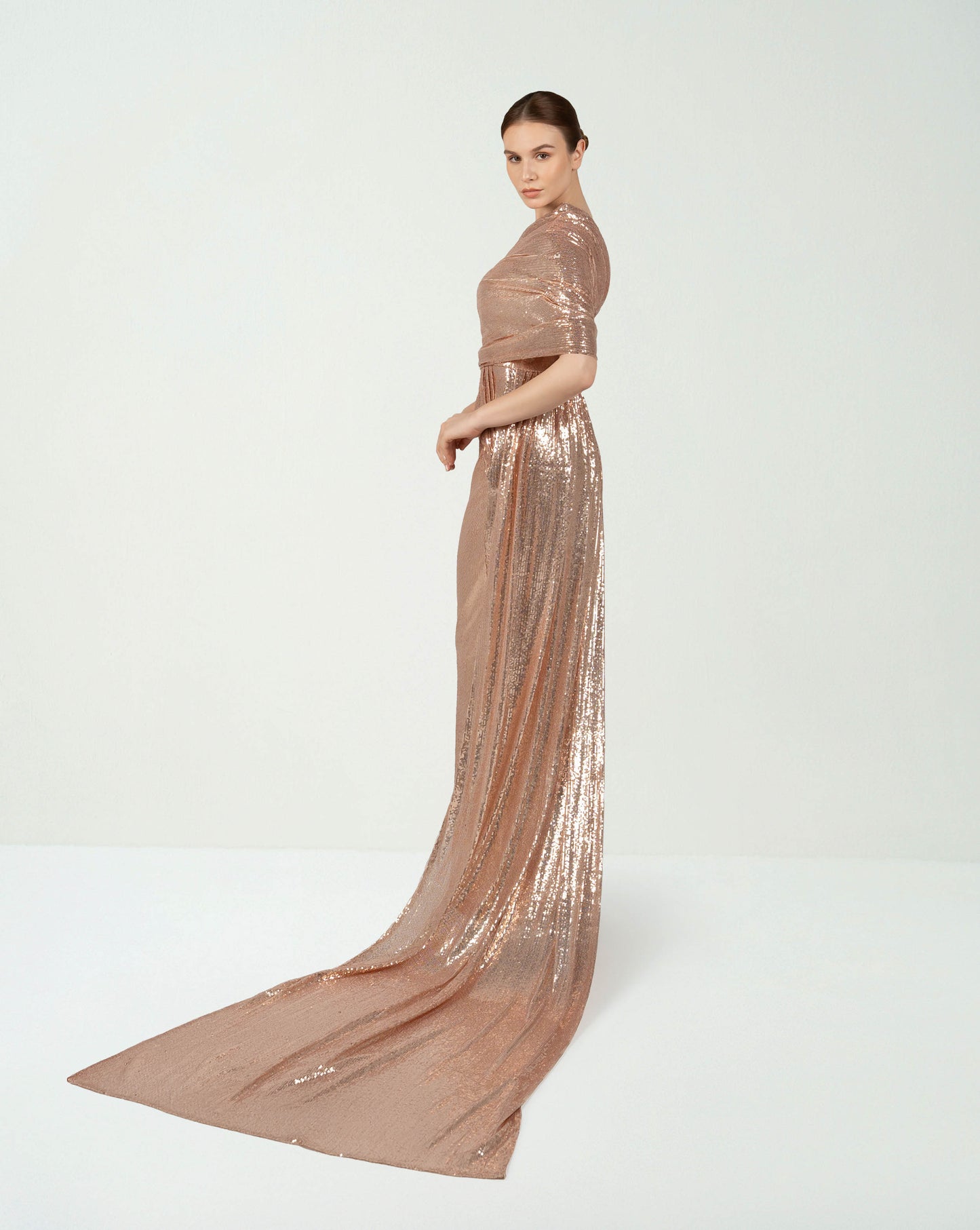 Draped sequined dress with train and shawl  - ODD - CELINE