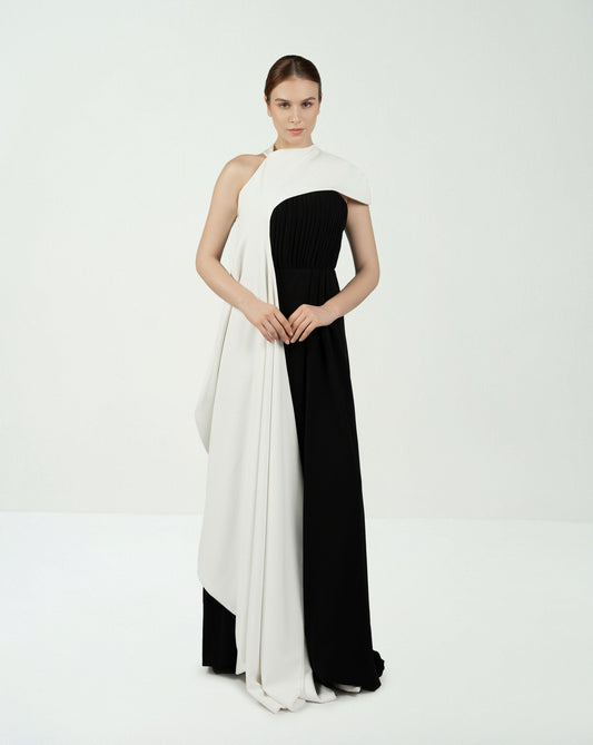 Pleated column dress with asymmetrical cape - ODD-VOREN