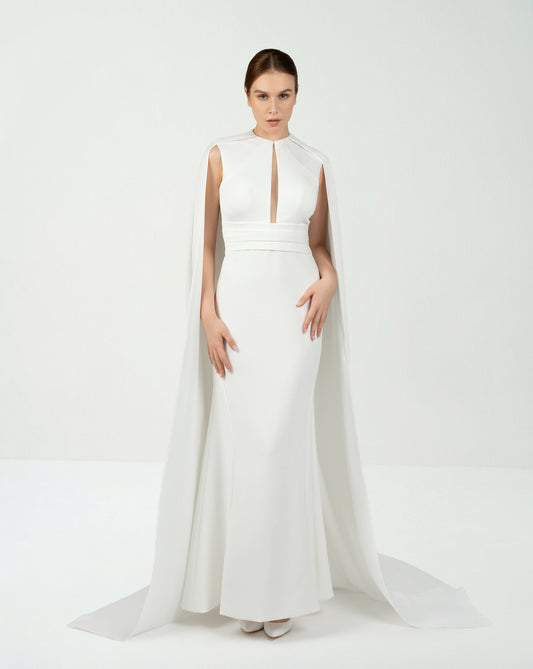 ODD-White belted dress with neckline and cape