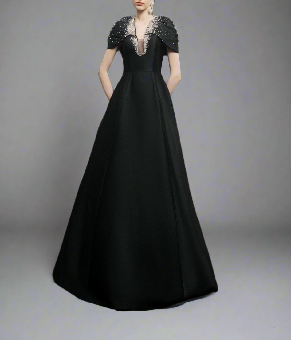 Cap-sleeve A-line dress with embellished neckline - ODD- NOIR