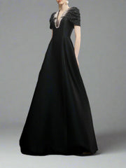 Cap-sleeve A-line dress with embellished neckline - ODD- NOIR