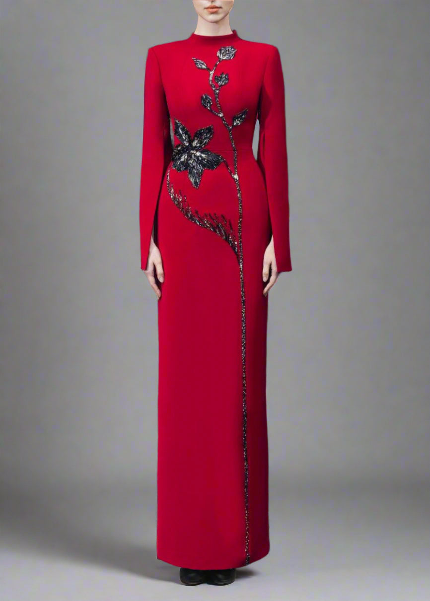 Long-sleeve column dress with floral sequin embellishment - ODD- Cecilia