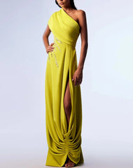 One-shoulder draped gown with embellished details – ODD- SOLARAV