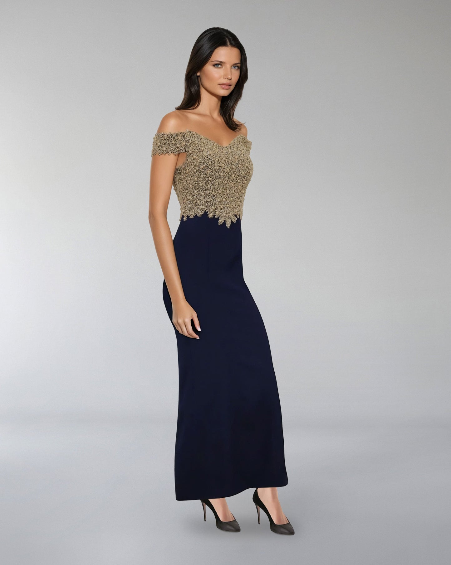 Off-Shoulder Beaded Bodice Gown – ODD- CELESTI