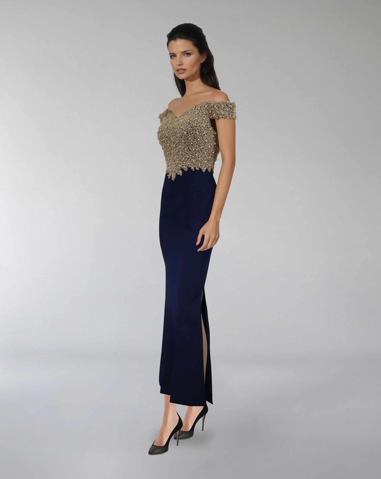 Off-Shoulder Beaded Bodice Gown – ODD- CELESTI