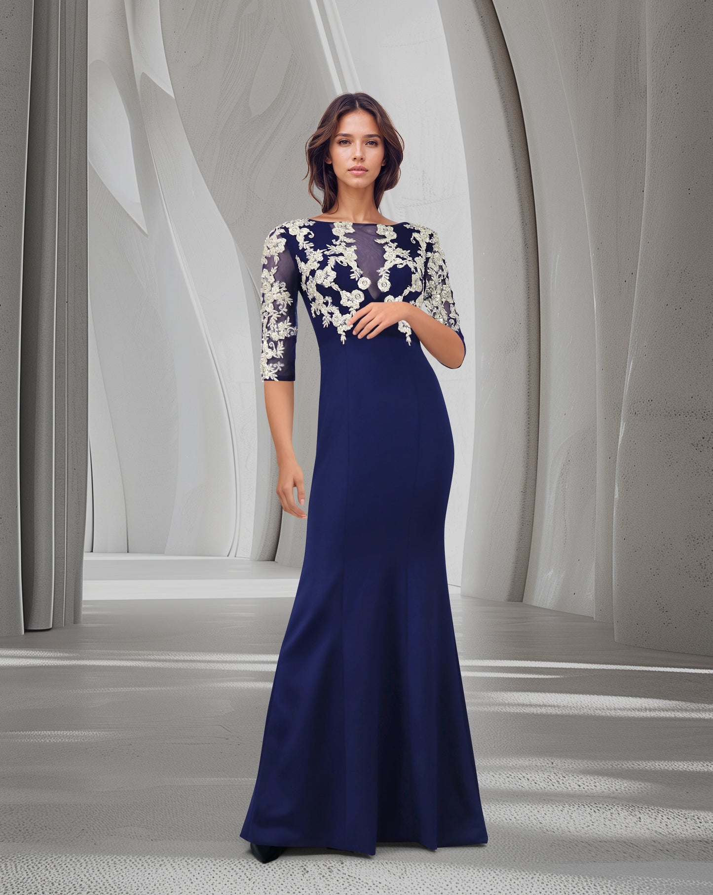 ODD-Blue Floor-Length Dress with see-through sequined top